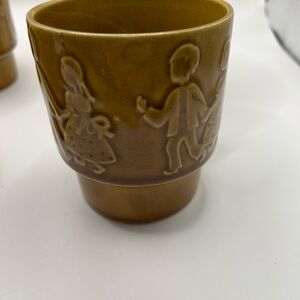 Vintage MCM Brown Ceramic Stackable Cup with Embossed Jack & Jill Figures